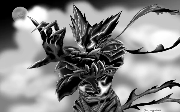 HD PC desktop wallpaper featuring Garou from One-Punch Man anime in a dynamic, shadowy pose under a full moon with swirling clouds in the background.