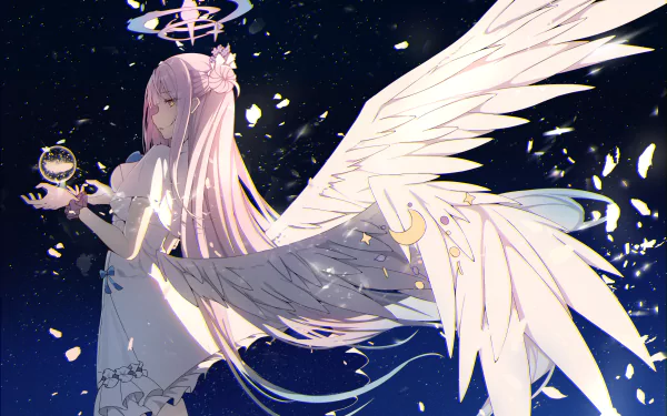 2K Quad HD PC wallpaper of Misono Mika from the video game Blue Archive as an angel: pink hair, white dress and sweeping feathered wings, holding a glowing orb against a starry night.