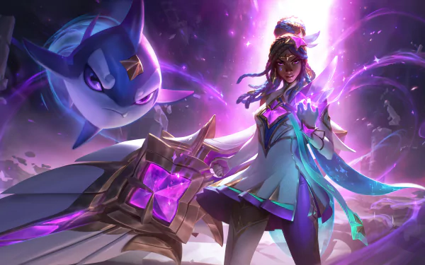 Senna from League of Legends posed with glowing purple energy and a large weapon, alongside a floating spirit fish, in an 8K Ultra HD video game desktop wallpaper.