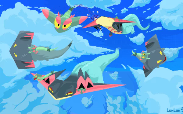 HD desktop wallpaper featuring Dragapult from Pokémon: Sword and Shield soaring through a bright blue sky in a vibrant video game-inspired style.