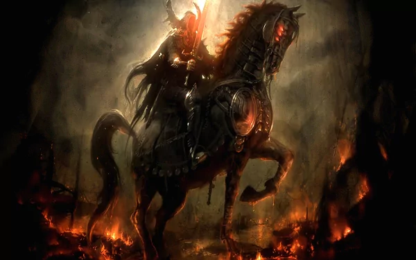 A menacing warrior in dark armor rides a fierce, flame-eyed horse through a fiery battlefield. HD wallpaper and background.