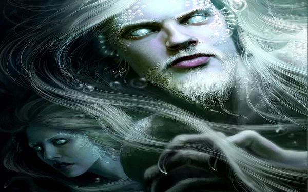 HD fantasy wallpaper featuring two ethereal gods with flowing white hair and glowing eyes, set against a mystical underwater background.