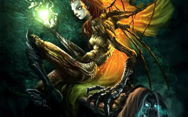 HD desktop wallpaper featuring a dark, demonic figure with glowing green energy and menacing, intricate details.