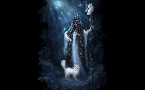 A mystic witch stands in a dark, enchanted forest, accompanied by a white cat. The scene blends magic and fantasy with captivating, atmospheric details.