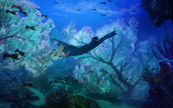 HD PC desktop wallpaper featuring an underwater scene from the movie Avatar: The Way of Water, showcasing aquatic creatures and vibrant coral in deep blue hues.