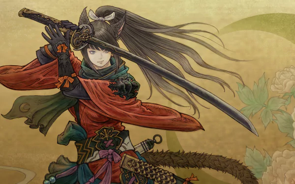 4K Ultra HD fantasy samurai wallpaper featuring a poised warrior in traditional armor wielding a katana, set against a soft, artistic background.