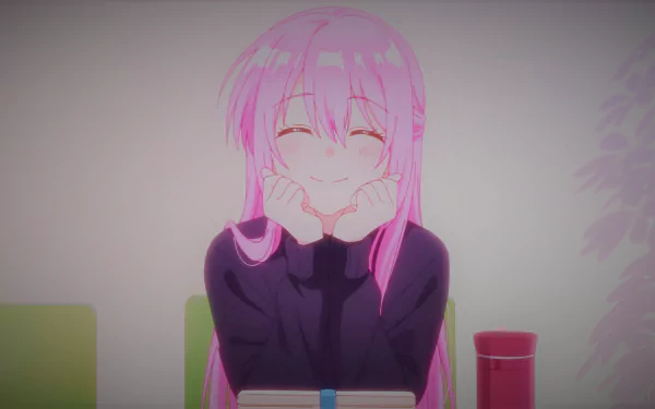 HD PC desktop wallpaper featuring Micchon Shikimori from the anime Shikimori's Not Just a Cutie, smiling with pink hair and a dark outfit.