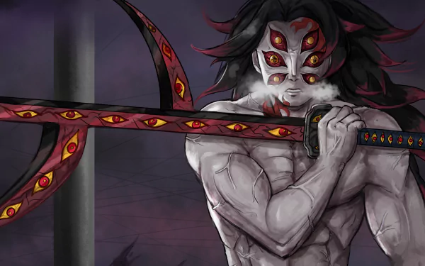 HD PC desktop wallpaper featuring Kokushibo from the anime Demon Slayer: Kimetsu no Yaiba, showcasing his multi-eyed, fierce demon form wielding a sword.