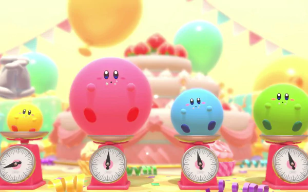 HD PC desktop wallpaper featuring colorful Kirby characters from the video game Kirby’s Dream Buffet, each sitting on a kitchen scale with balloons and cake in the background.