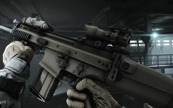 HD desktop wallpaper featuring a close-up of a realistically rendered character holding a tactical rifle, themed with Escape From Tarkov elements in an industrial setting.