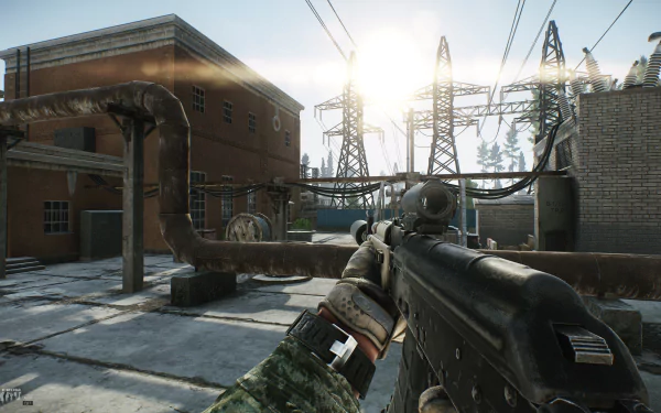 HD Escape From Tarkov desktop wallpaper featuring a first-person view of a player holding a gun in a detailed, sunlit industrial area.