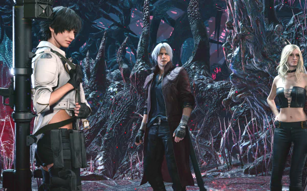 High-resolution 8K wallpaper featuring Lady, Dante, and Trish from Devil May Cry 5 in a dark, intricate video game environment.