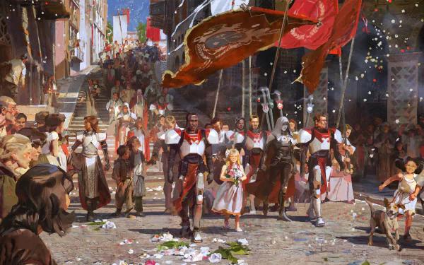 HD Destiny 2 desktop wallpaper featuring an immersive gathering of game characters celebrating with banners and confetti in a lively street scene.
