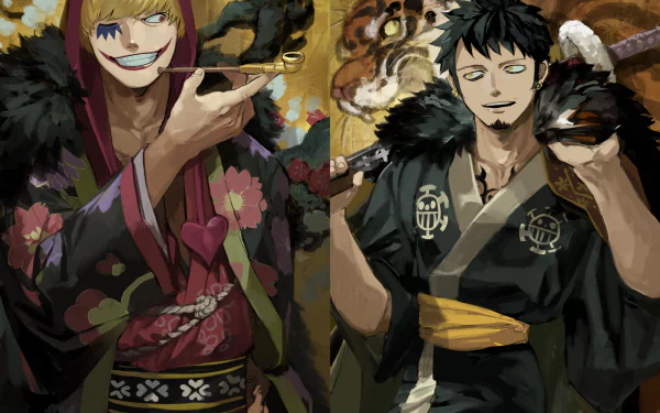 HD anime wallpaper featuring Trafalgar Law and Donquixote Rosinante (Corazon) from One Piece, showcasing vibrant colors and detailed character designs.