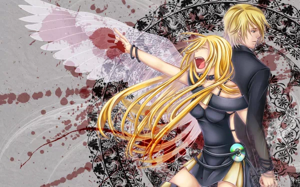 A vibrant HD wallpaper featuring Lily, Len Kagamine, and Rin Kagamine from Vocaloid, set against a striking background with artistic elements and dynamic poses.