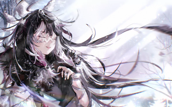 HD PC desktop wallpaper featuring Columbina from the video game Genshin Impact, showcasing her with flowing black hair and a serene expression against a bright, ethereal background.