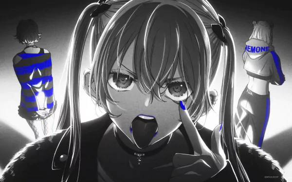 HD PC desktop wallpaper featuring Erika Amano from the anime A Couple of Cuckoos, shown in a striking monochrome style with selective blue accents.