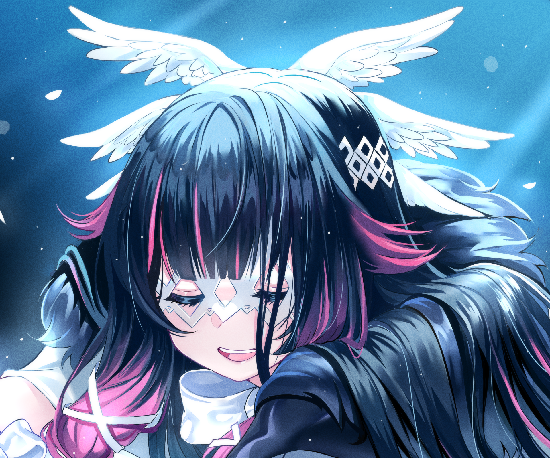 Columbina (Genshin Impact video game) close-up: blue-black hair with pink streaks, diamond face markings and white feathered wings on a glowing blue background — 4K Ultra HD PC desktop wallpaper.