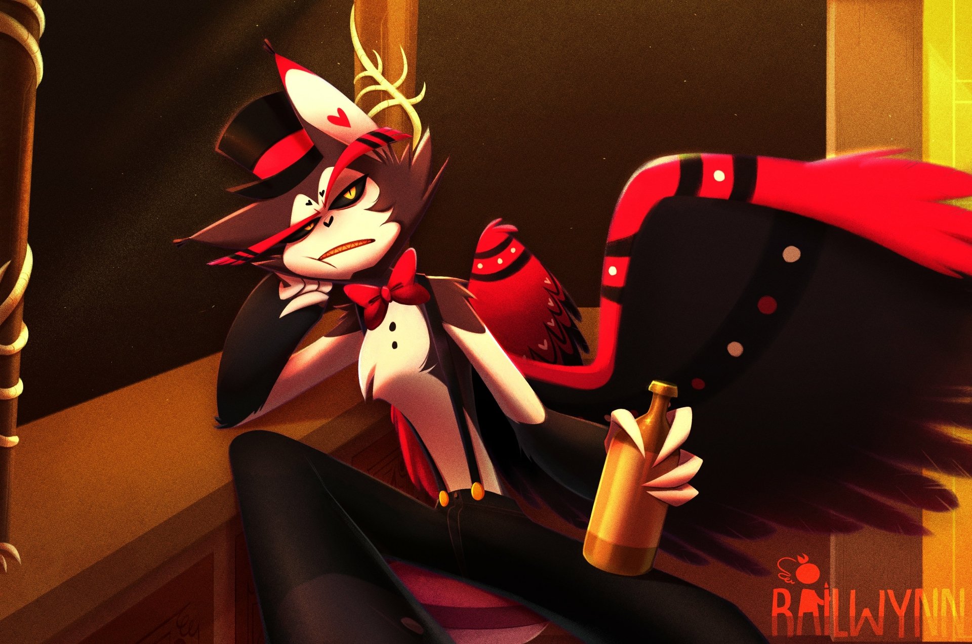 HD desktop wallpaper featuring Husk from the TV show Hazbin Hotel, dressed in a tuxedo and top hat, holding a bottle with a relaxed expression.