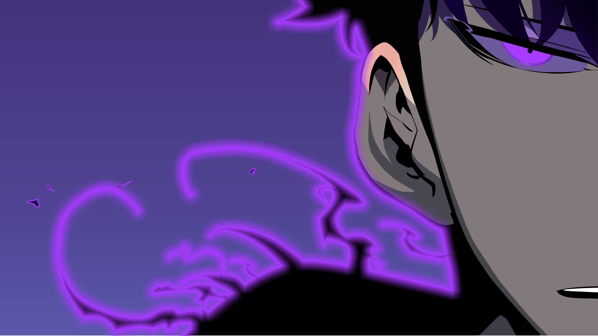 HD anime wallpaper featuring Sung Jin-Woo from Solo Leveling with intense purple shadows and glowing eyes against a dark background.