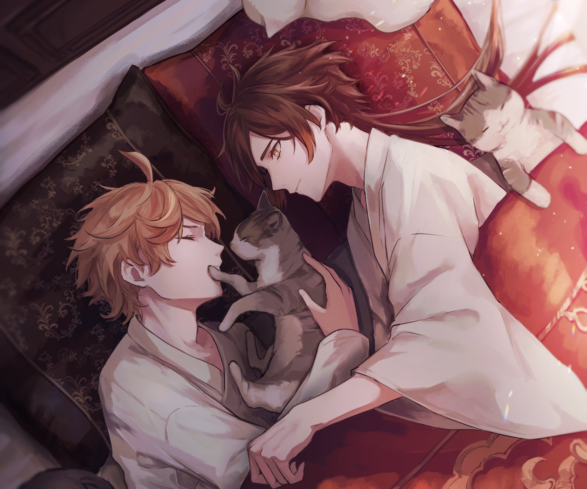 HD PC wallpaper featuring Zhongli and Tartaglia Childe from Genshin Impact lying down with a cat, blending warm tones in this video game-themed artwork.