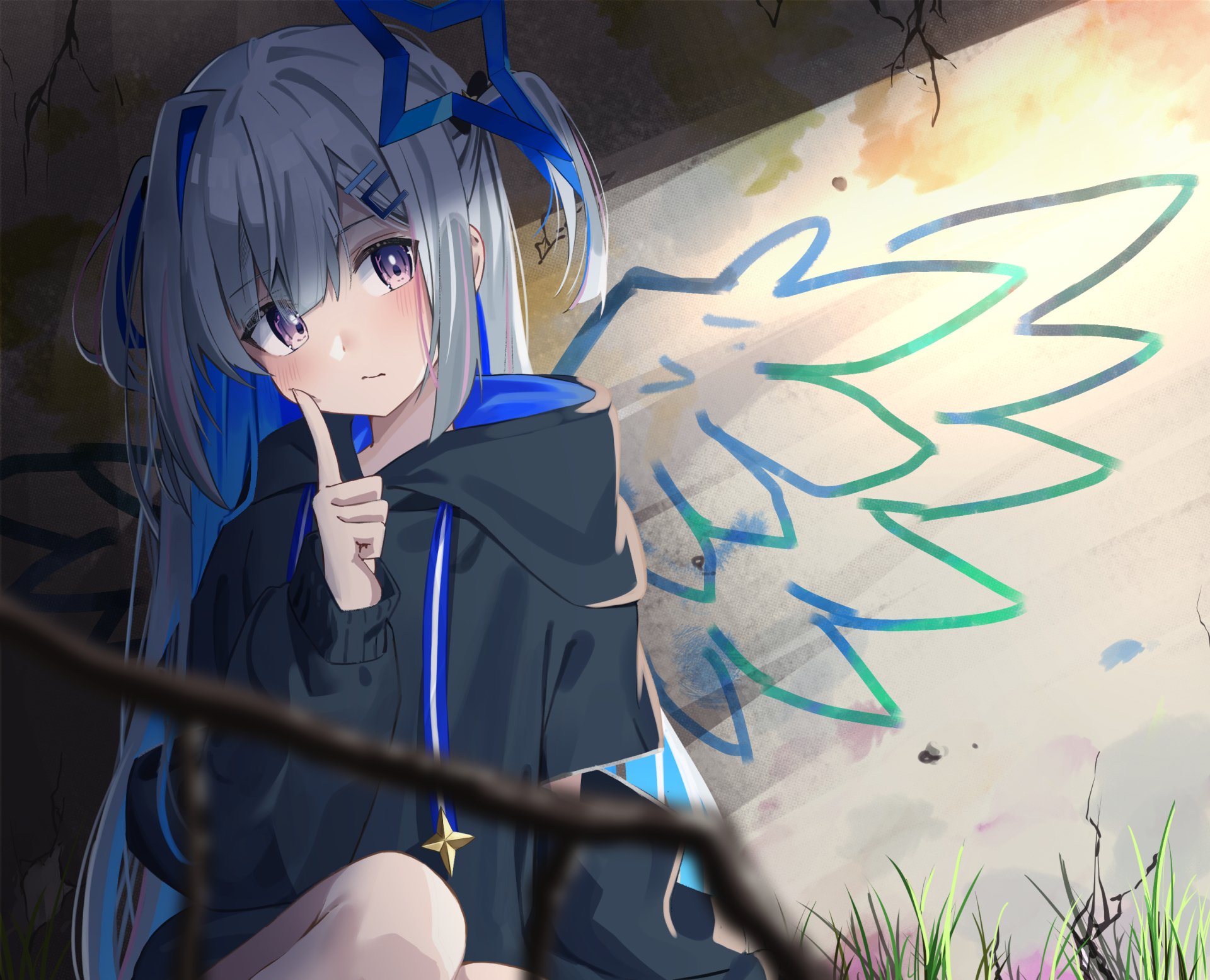Amane Kanata (hololive) anime-style Virtual YouTuber with silver-blue hair and glowing wing graffiti, 2K Quad HD PC desktop wallpaper background.