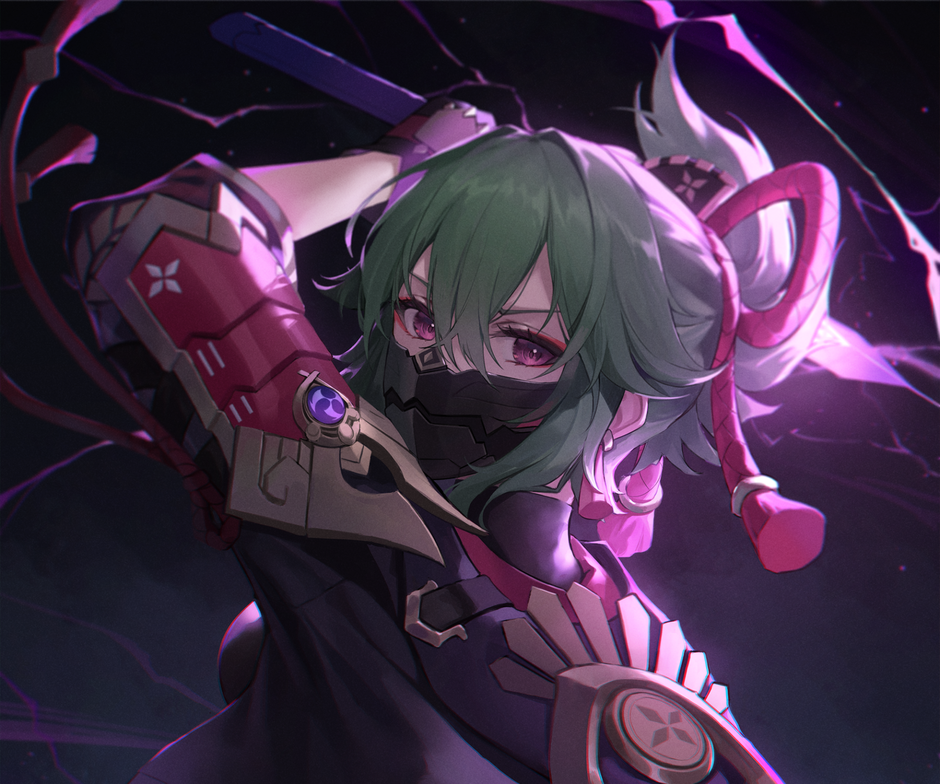 HD desktop wallpaper of Kuki Shinobu from the video game Genshin Impact, featuring dynamic lighting and detailed character art in a dark, intense setting.