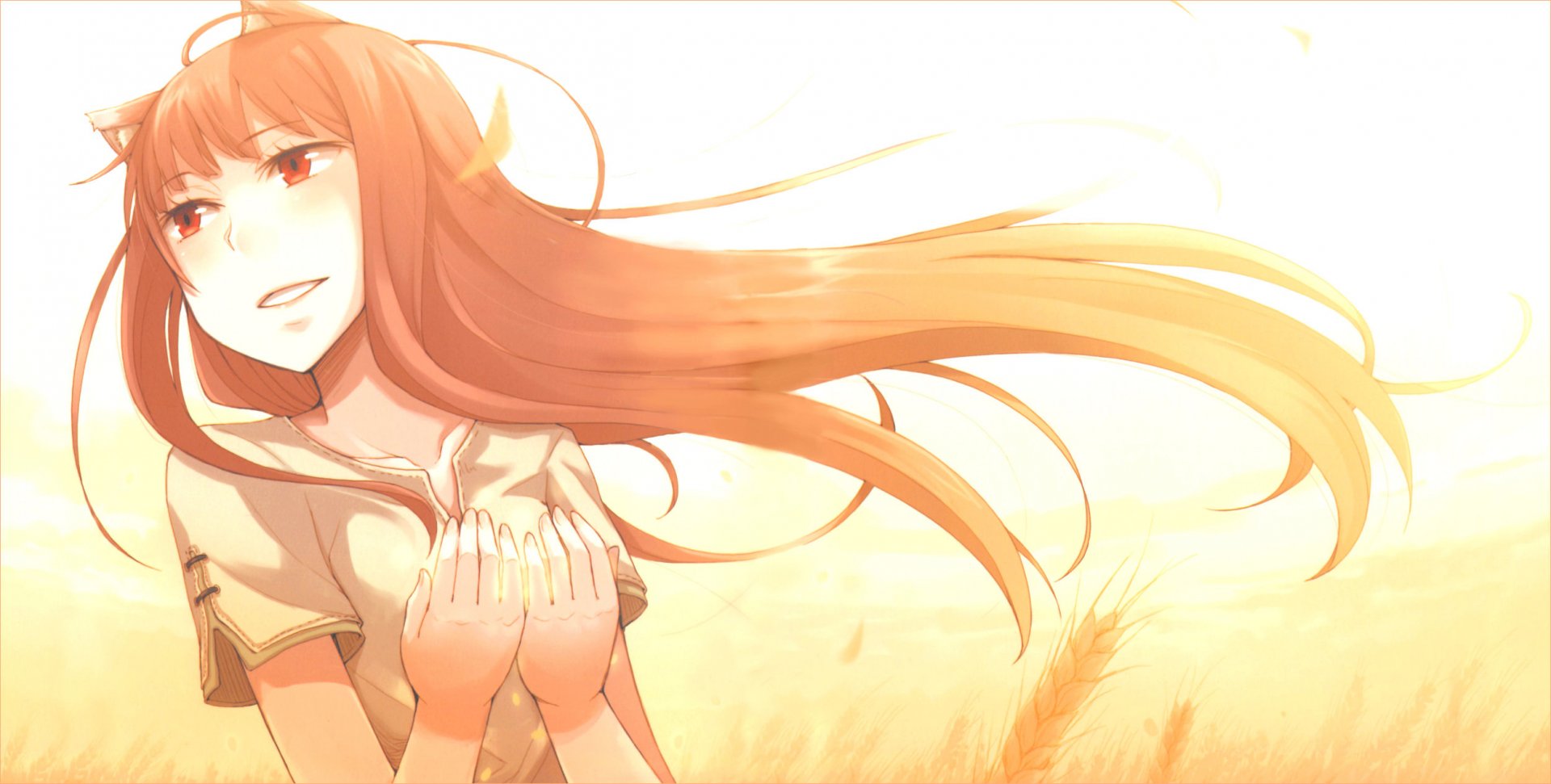 HD PC desktop wallpaper featuring an anime-style illustration from Spice and Wolf, showing a girl with long flowing hair bathed in warm, golden light.