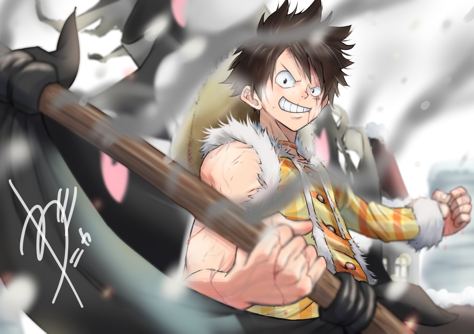 4K Ultra HD PC desktop wallpaper of Monkey D. Luffy (One Piece) — anime-style, fierce grin, gripping a staff amid swirling petals and dynamic motion.
