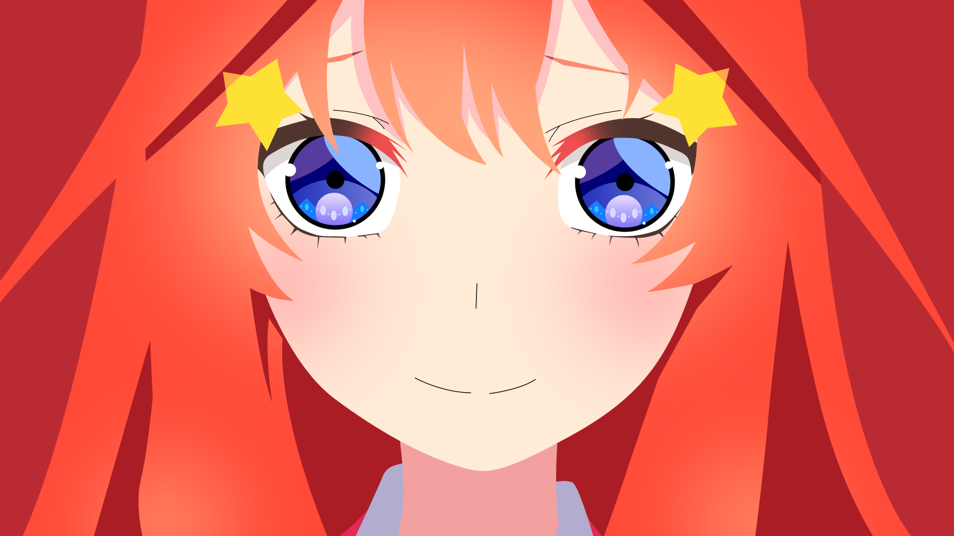 Close-up anime portrait of Itsuki Nakano from The Quintessential Quintuplets: red hair, star hair clips and blue eyes — 4K Ultra HD PC desktop wallpaper background.