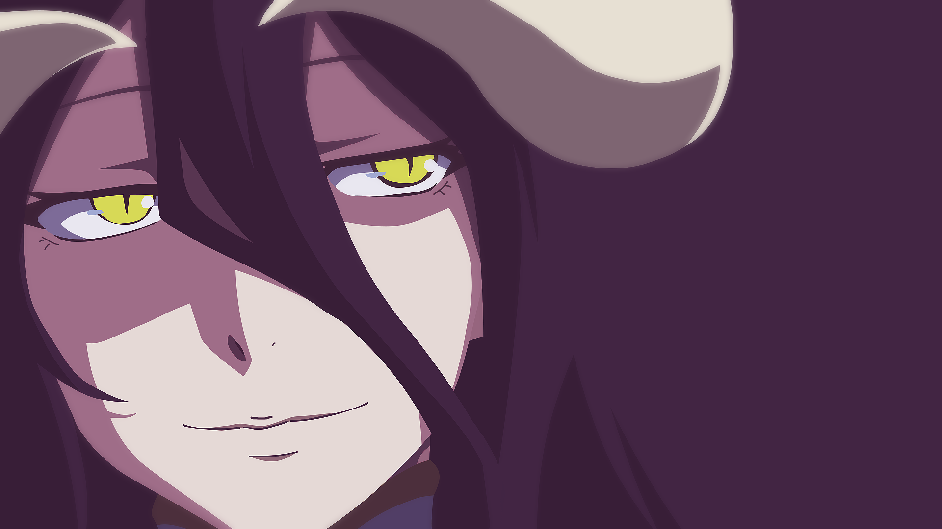 Close-up of Albedo (Overlord) anime wallpaper: HD PC desktop background showing her smirking face, glowing yellow eyes, white horns and long dark hair.