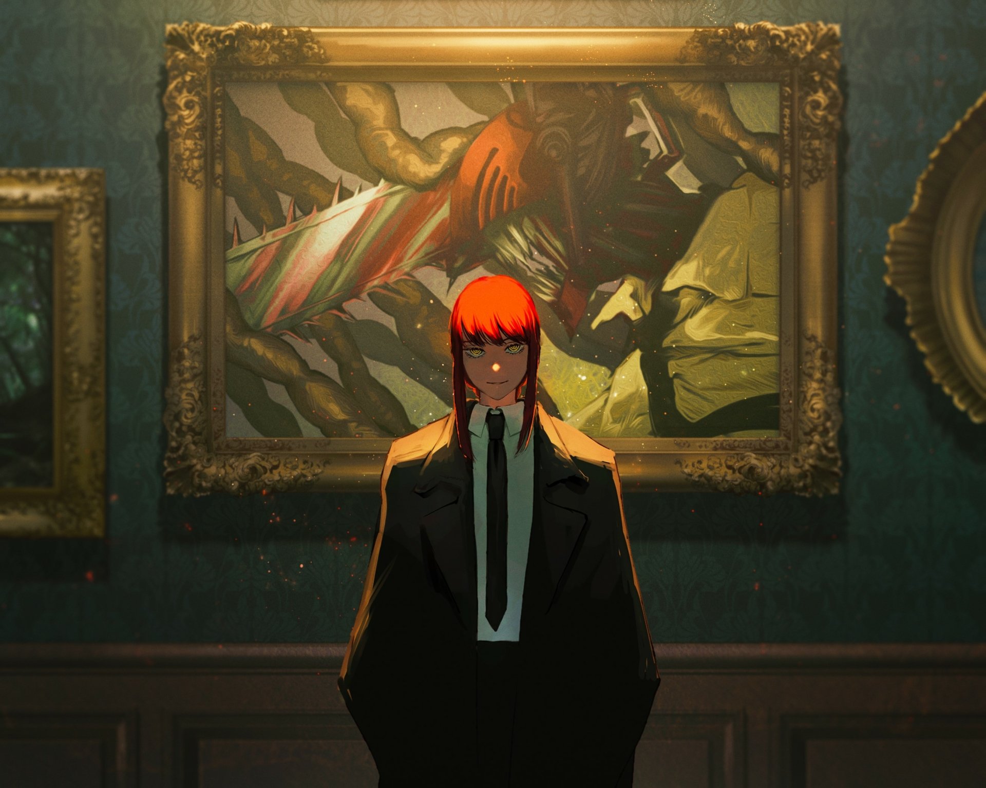 HD PC desktop wallpaper featuring Makima from Chainsaw Man anime, standing in front of a dark, dramatic background with framed artwork.