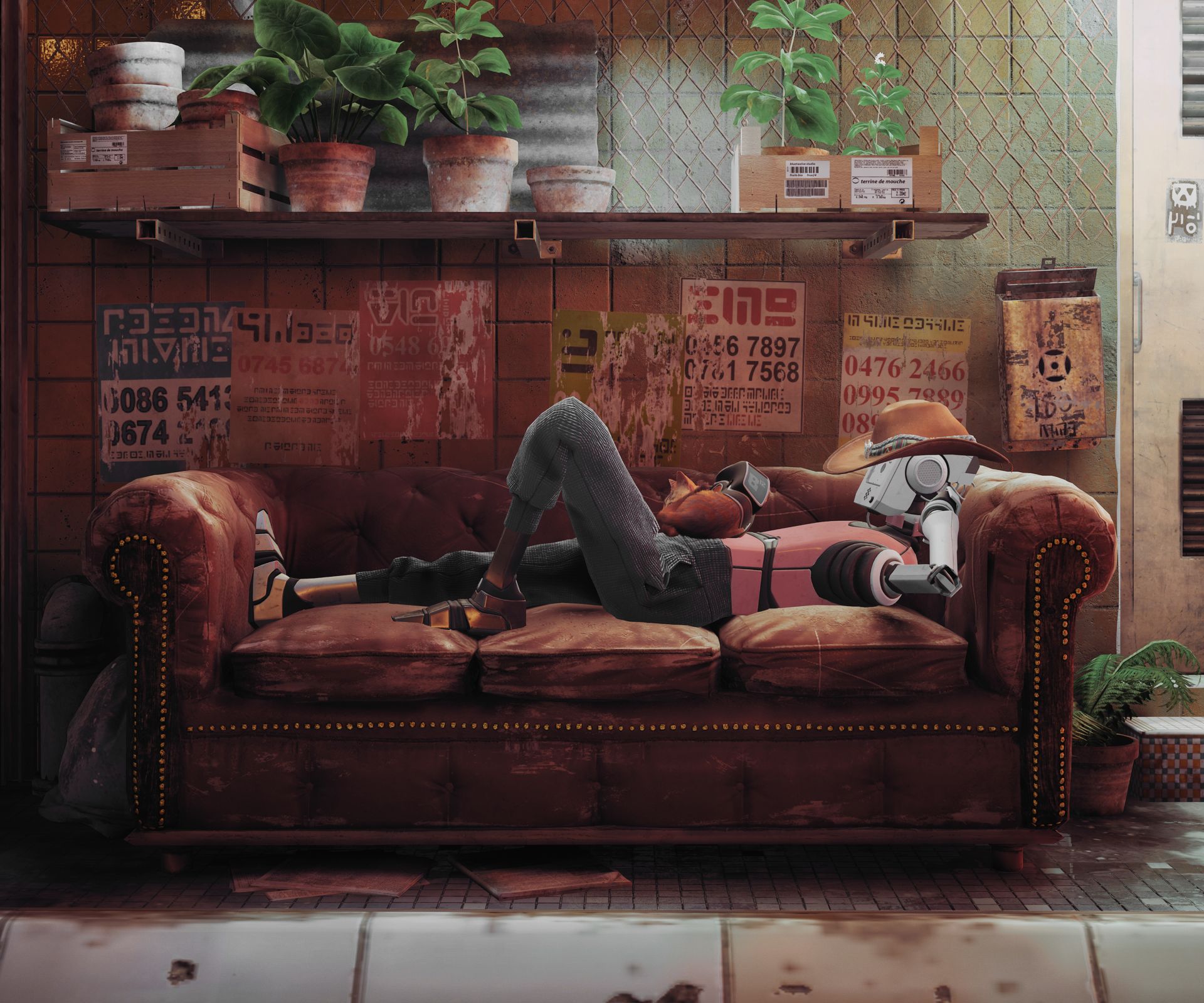 HD PC desktop wallpaper from the video game Stray, featuring a robotic character reclining on a worn leather sofa in an industrial, urban setting.