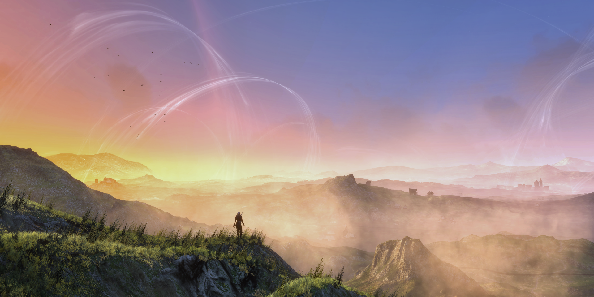 The Witcher 3: Wild Hunt 5K Ultra HD PC desktop wallpaper/background — lone witcher on a grassy cliff at sunrise, gazing over misty valleys and a distant castle beneath a pastel sky with faint moons.