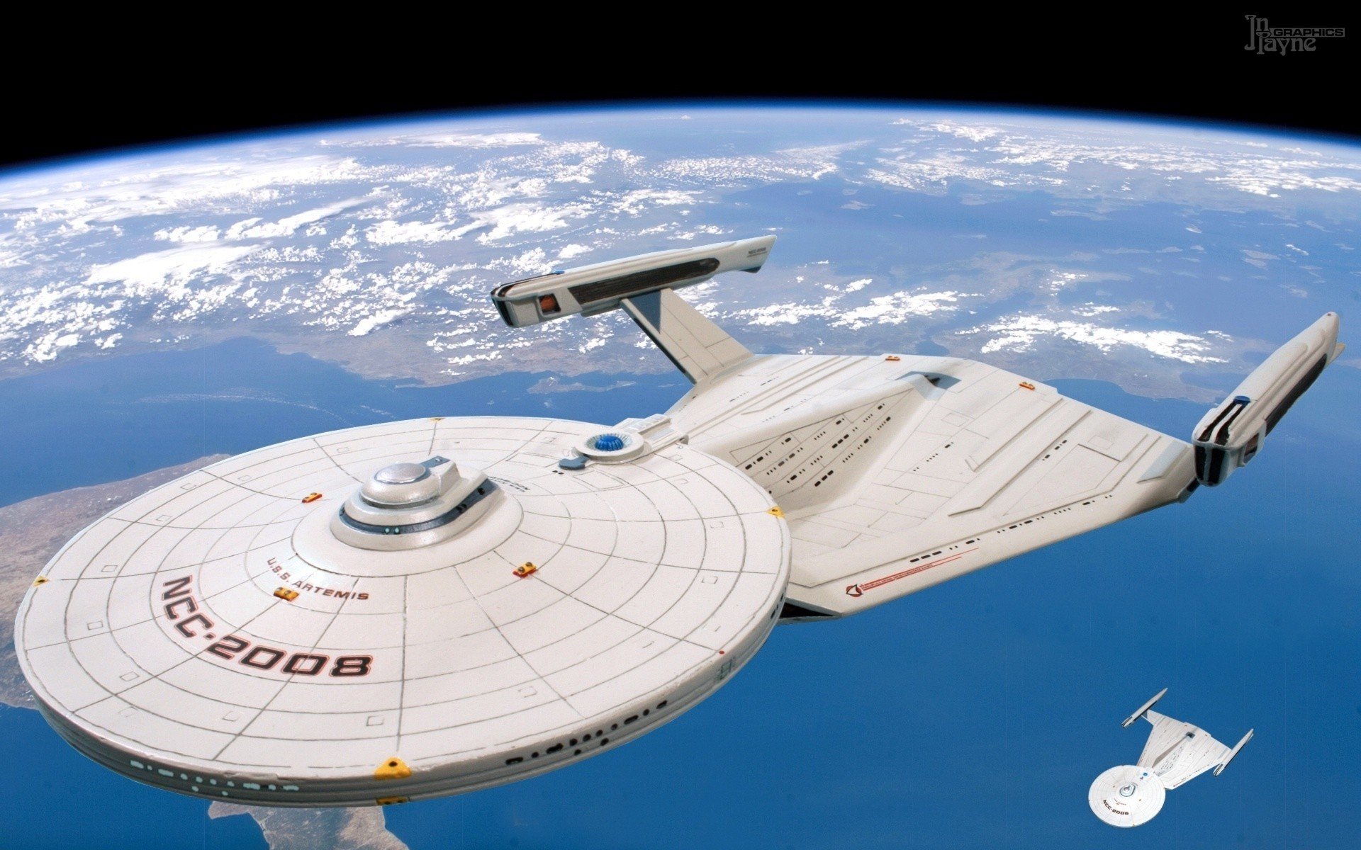 HD PC desktop wallpaper featuring the USS Enterprise NCC-2008 from Star Trek: The Original Series orbiting above Earth.