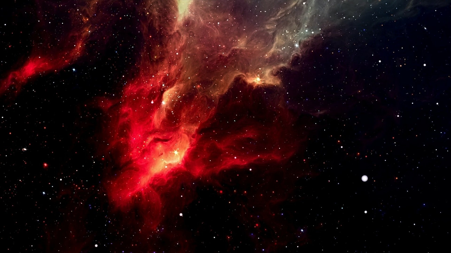 Vivid red nebula and starfield against dark space — 2K Quad HD PC desktop wallpaper and background.