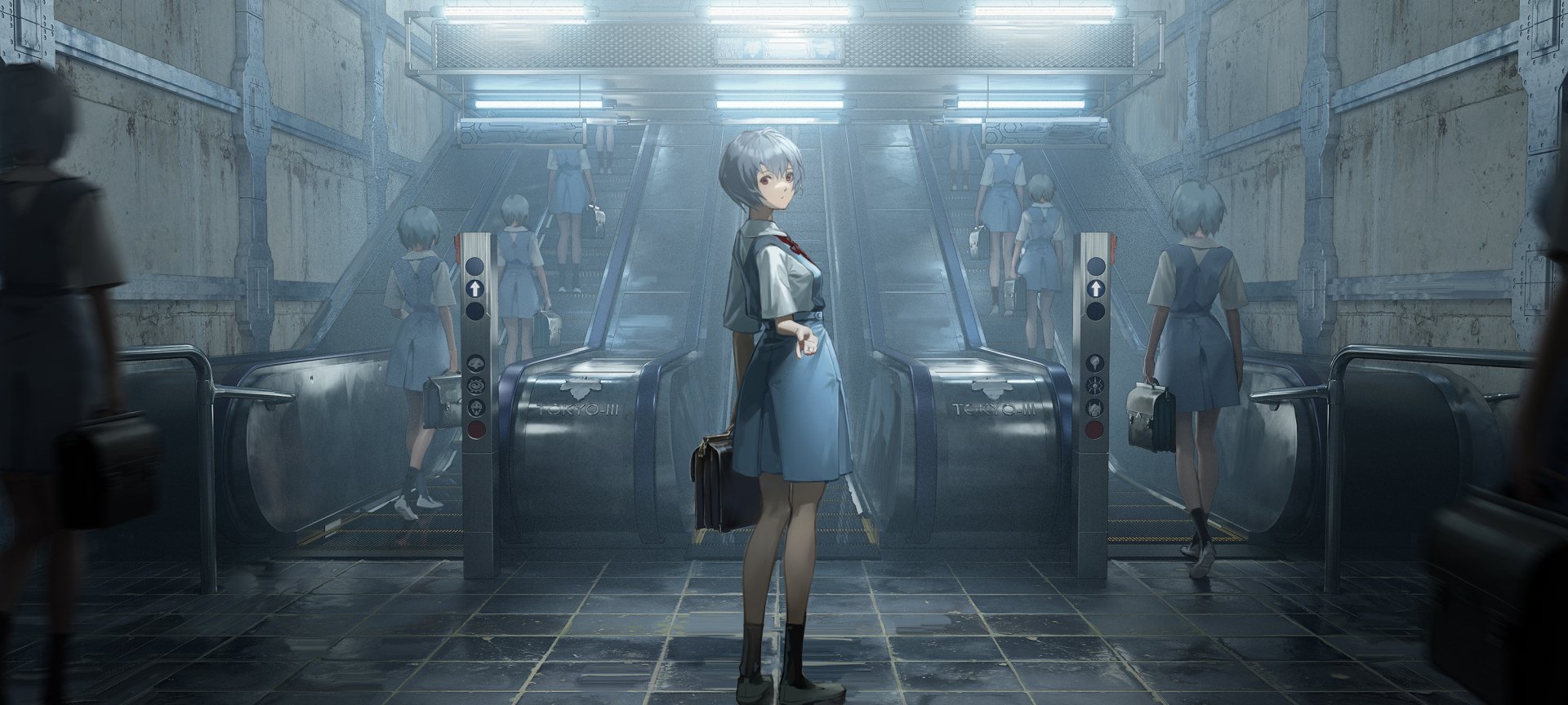 Rei Ayanami (Neon Genesis Evangelion) in a moody station, anime HD PC desktop wallpaper and background — standing with a briefcase amid mirrored figures and escalators.