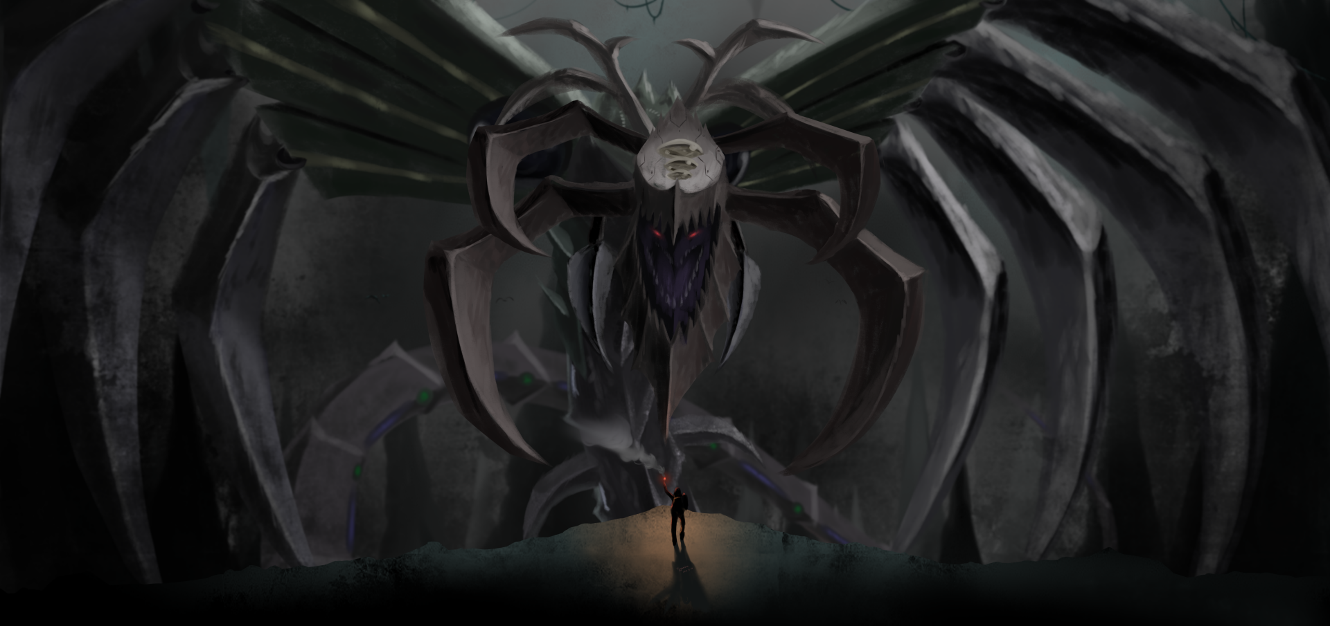 Anime, Yu-Gi-Oh! 5K Ultra HD PC desktop wallpaper/background: lone duelist faces a colossal spider-like shadow demon in a dim cavern, red eyes glowing and dramatic backlight.