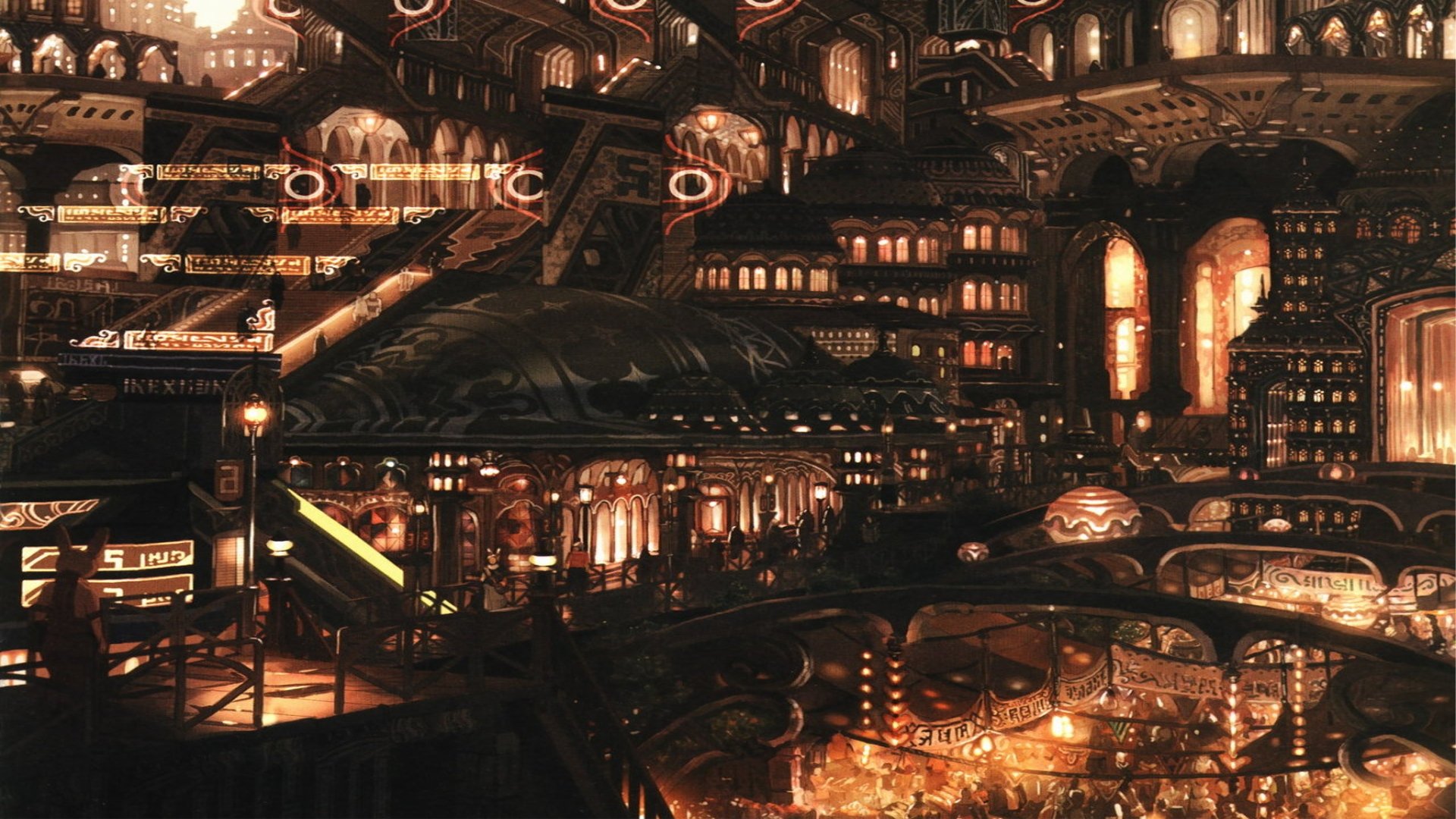 Artistic cityscape at night with warm glowing lights, intricate architecture, and layered structures, designed as a detailed HD PC desktop wallpaper and background.