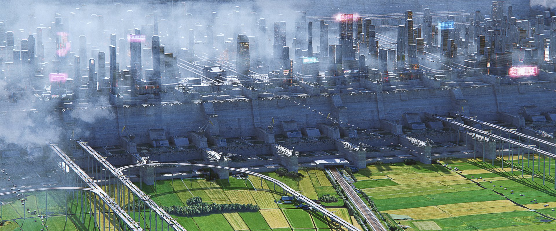 Futuristic sci fi city skyline shrouded in mist above green fields and railways, 2K Quad HD PC desktop wallpaper background