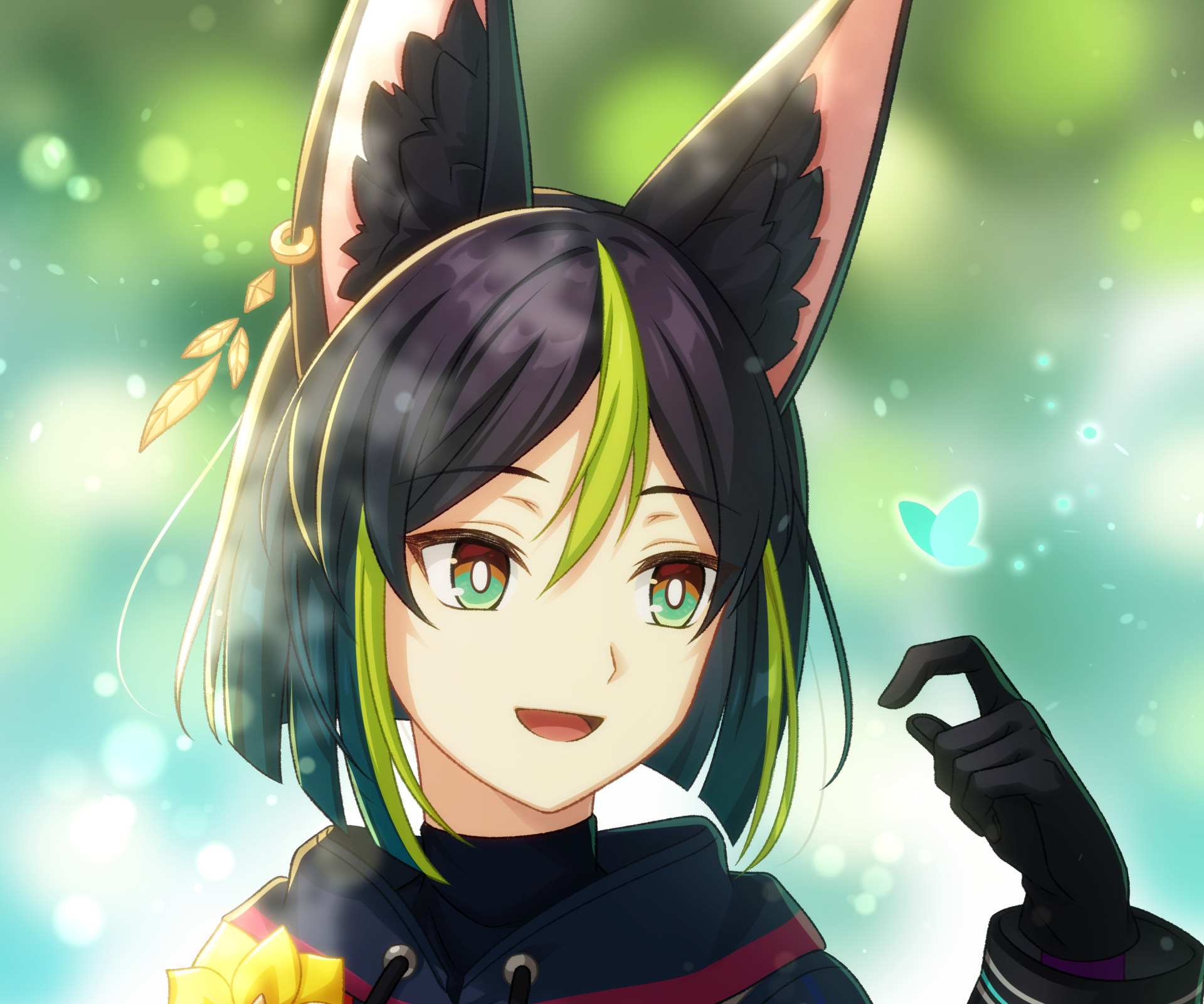 HD PC desktop wallpaper of Tighnari from the video game Genshin Impact, featuring him with fox-like ears and a glowing green background with floating light effects.