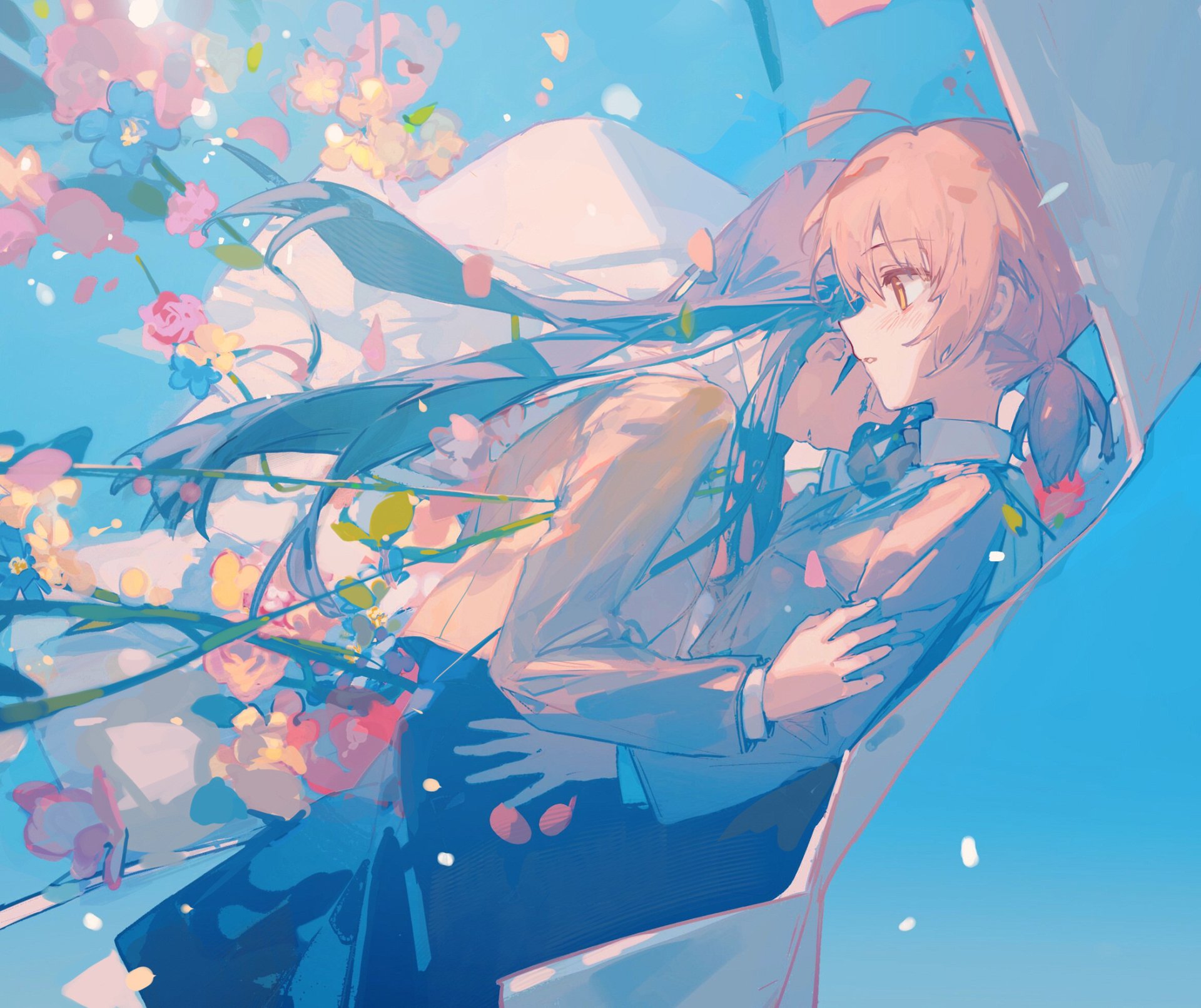HD anime desktop wallpaper featuring Touko Nanami and Yuu Koito from Bloom Into You, surrounded by cherry blossoms with a bright blue sky background.