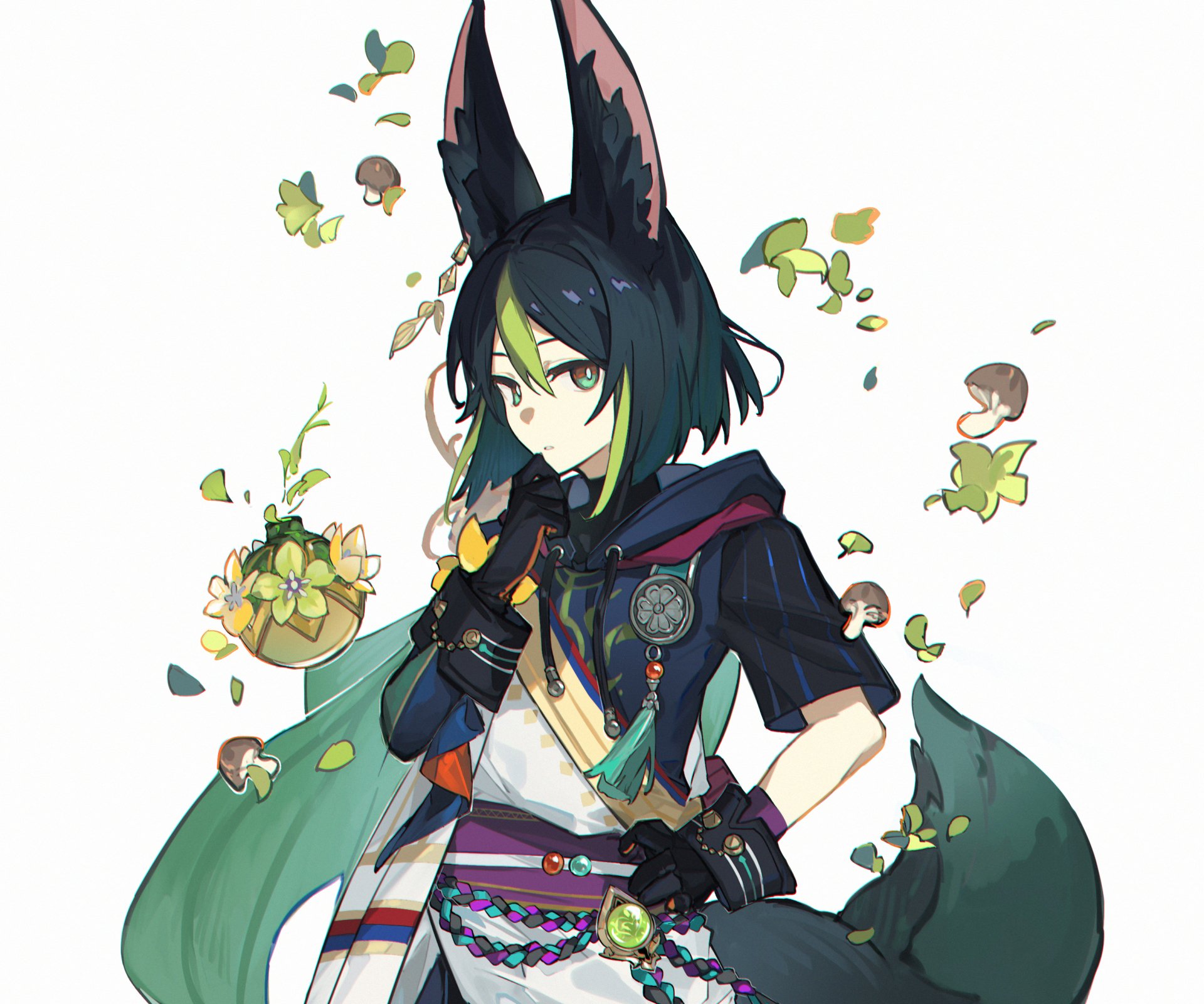 Tighnari from the video game Genshin Impact in a 2K Quad HD PC desktop wallpaper: fox-eared ranger in a green cloak, framed by floating leaves, flowers, and mushrooms.