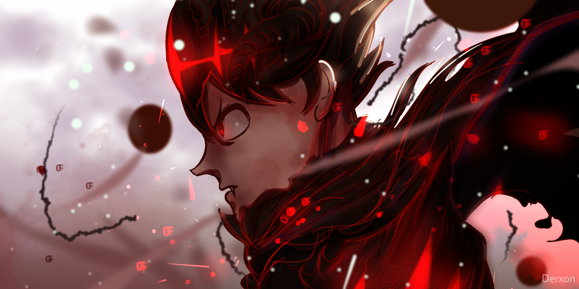 HD PC desktop wallpaper featuring Asta from the anime Black Clover, depicted with intense red and black tones in a dynamic, close-up profile view.
