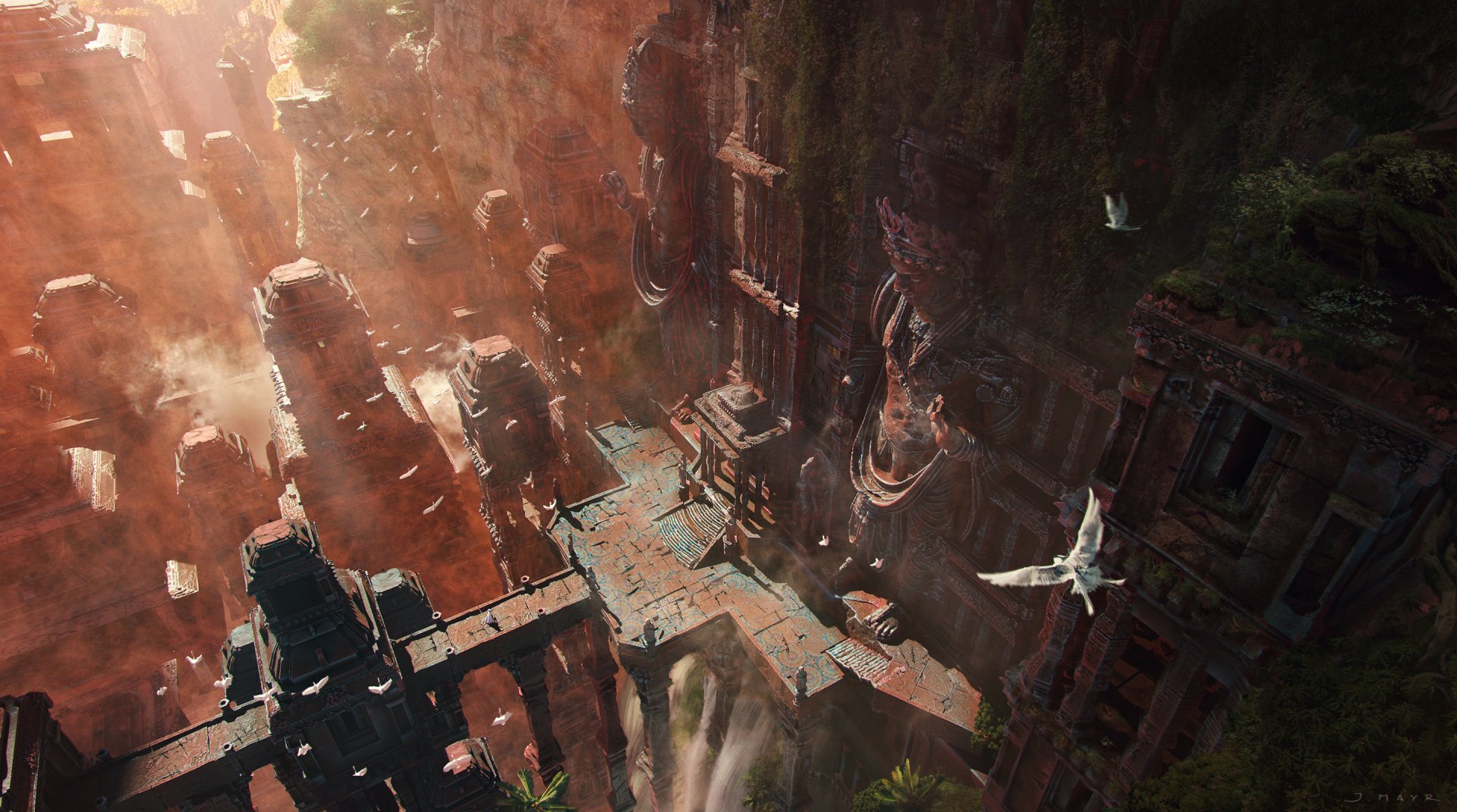 HD fantasy cityscape wallpaper featuring ancient towering ruins bathed in warm sunlight, with birds soaring through the misty air.