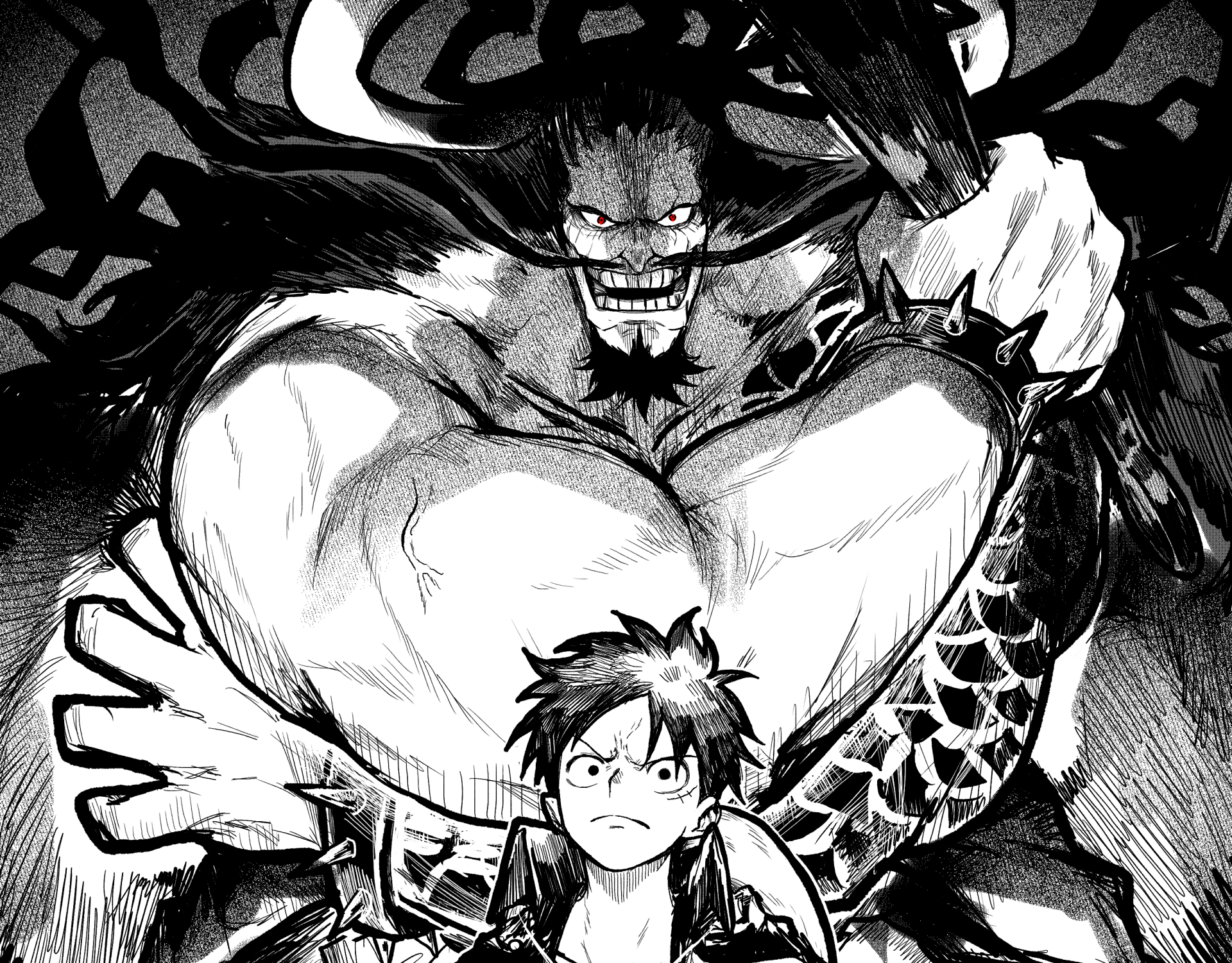 2K Quad HD desktop wallpaper of One Piece: Monkey D. Luffy faces off against towering, grinning Kaido in a dramatic black-and-white anime Luffy vs Kaido scene.