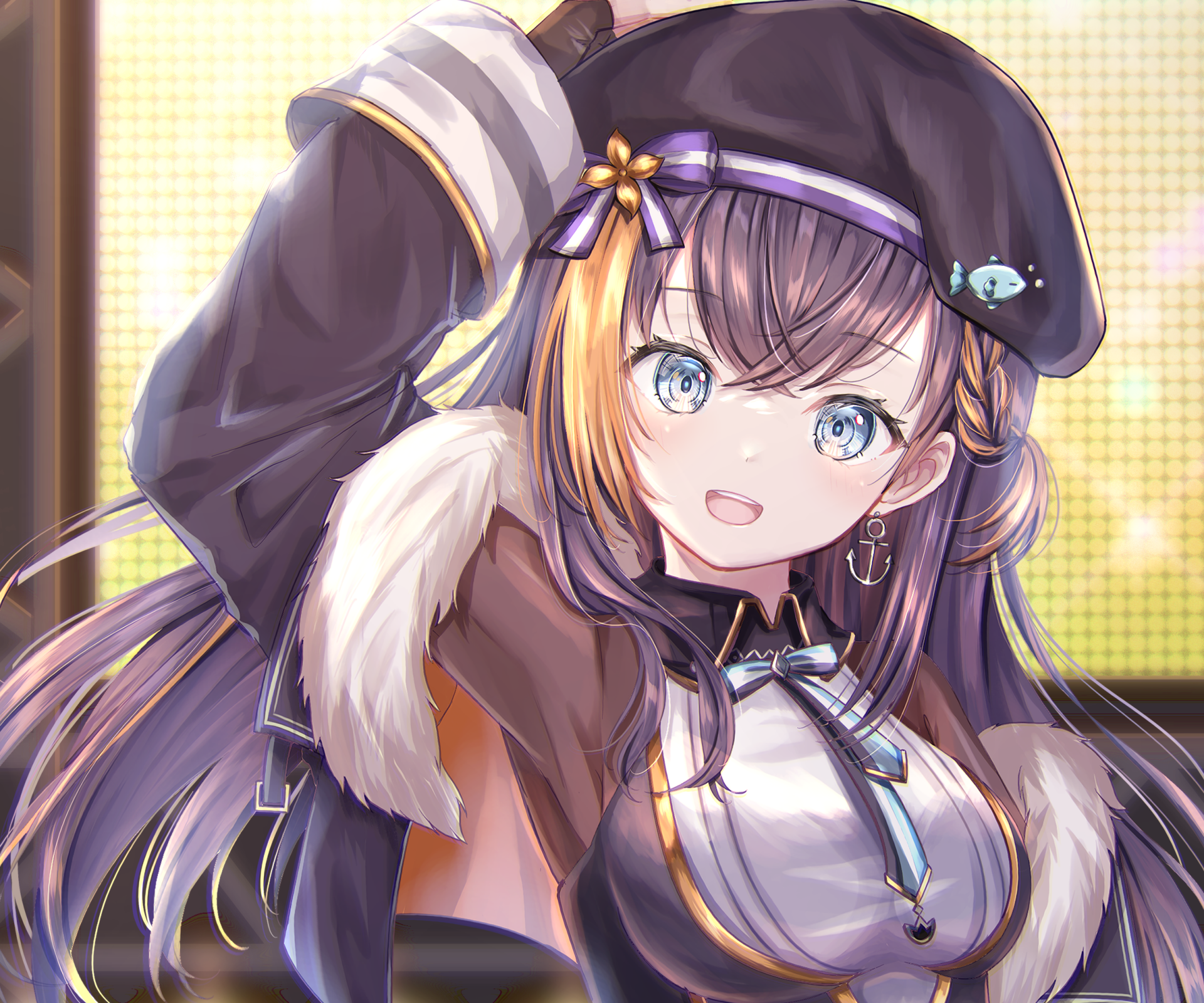 HD PC desktop wallpaper of Nijisanji Virtual YouTuber Petra Gurin — anime-style portrait: smiling, blue eyes, long purple hair, beret and fur-trimmed coat against a warm glowing backdrop.