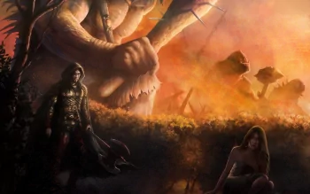 Fantasy giant HD PC desktop wallpaper/background: a colossal titan looms over armed figures in a smoky sunset landscape, oversized mushrooms dotting the distant horizon.