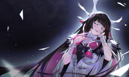 Columbina from Genshin Impact in a detailed 4K Ultra HD PC desktop wallpaper with dark, ethereal tones and floating feathers.