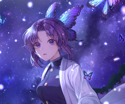 HD anime desktop wallpaper featuring Shinobu Kochou from Demon Slayer: Kimetsu no Yaiba against a mystical, starry night background with glowing butterflies.